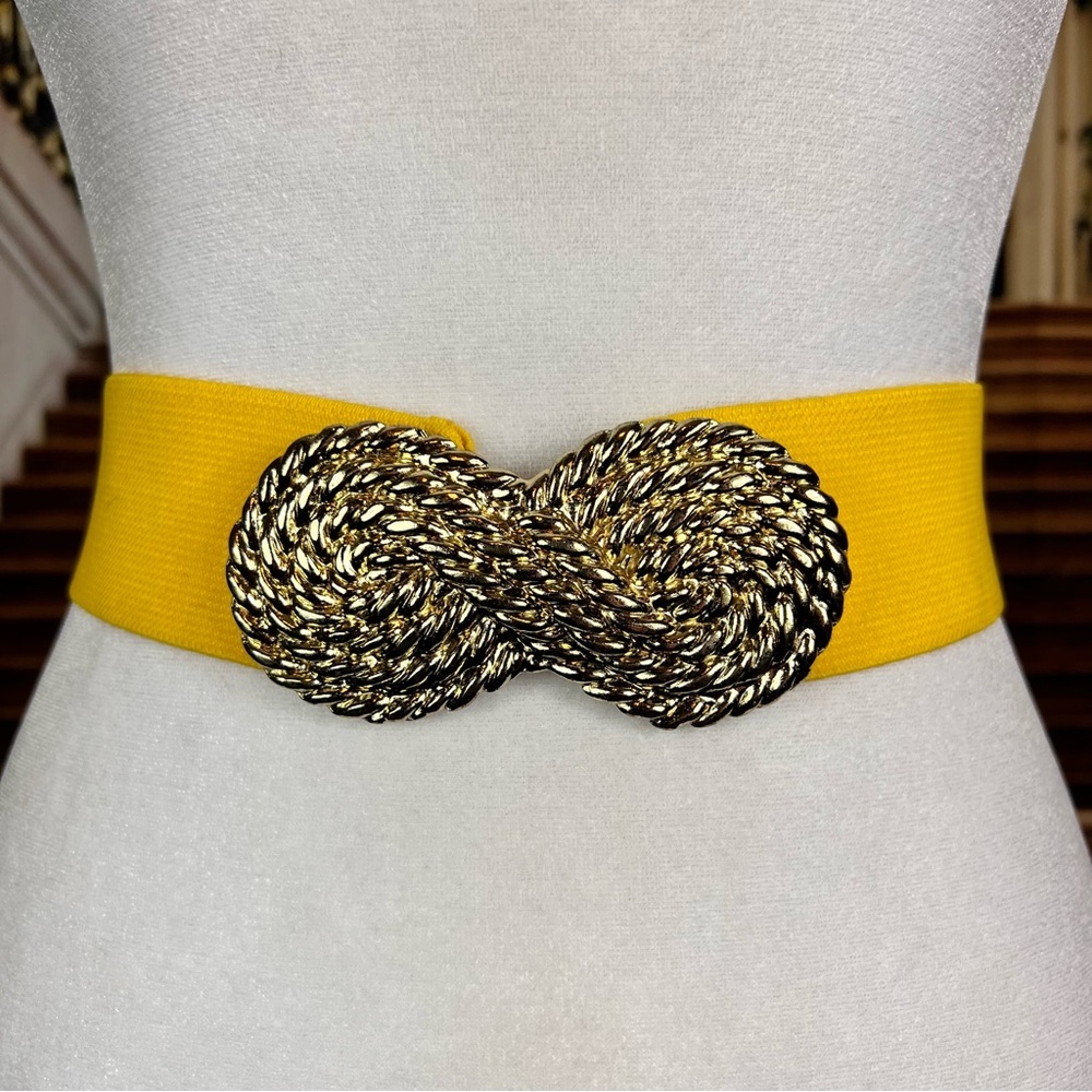 Vintage 80s Metal Gold Rope Elastic Waist Band Belt, 27” long, front hook adorbs - Picture 3 of 6